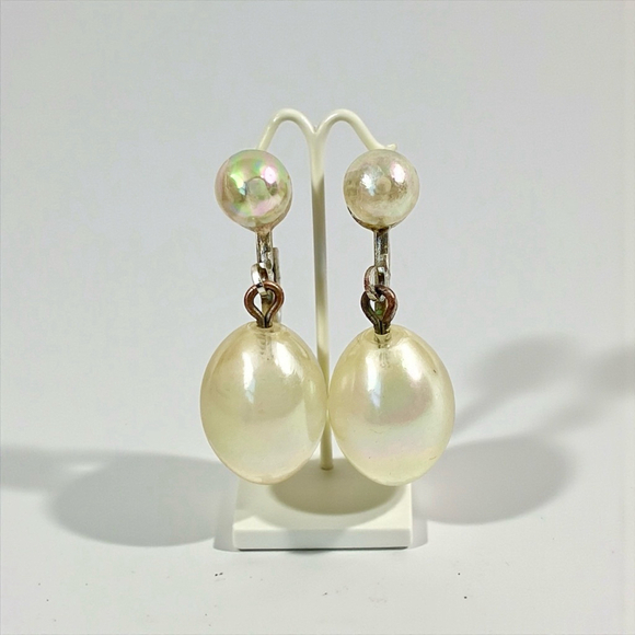 Vintage Jewelry - Antique Rainbow Iridescent Bubble Glass Sterling Drop Earrings. Screwback.